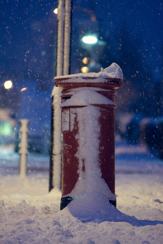 london post box in snow