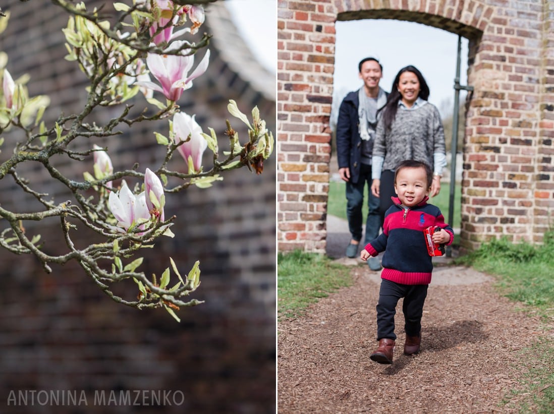 family walking in fulham palace grounds