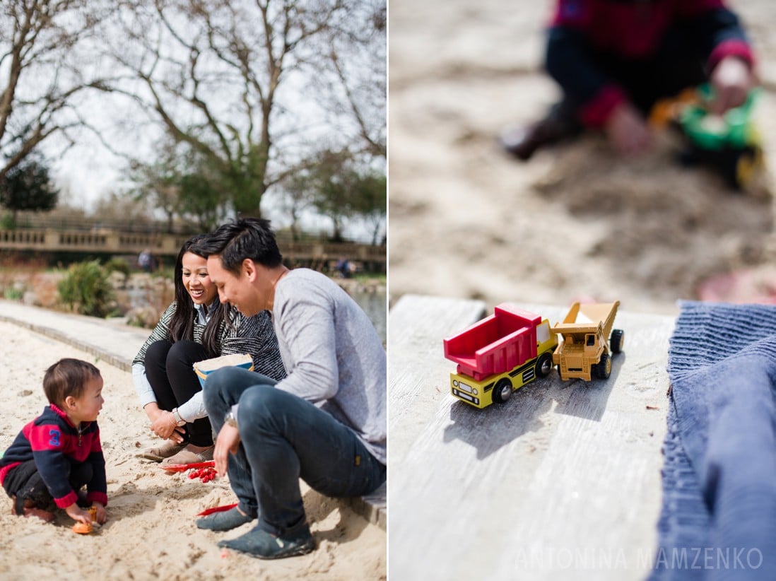 family playing at sandpit at bishop's park in fulham