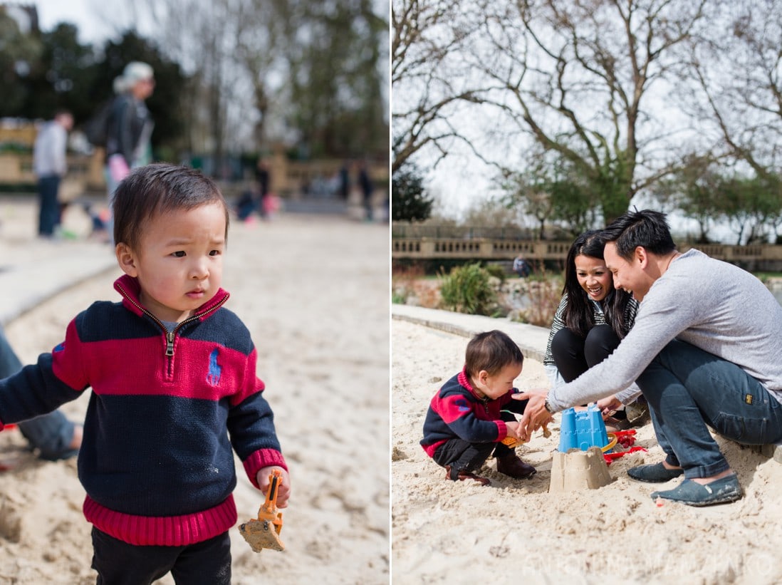 family playing at sandpit at bishop's park in fulham